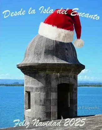 Tarjeta navideña “Desde la Isla del Encanto” con una garita del Viejo San Juan
